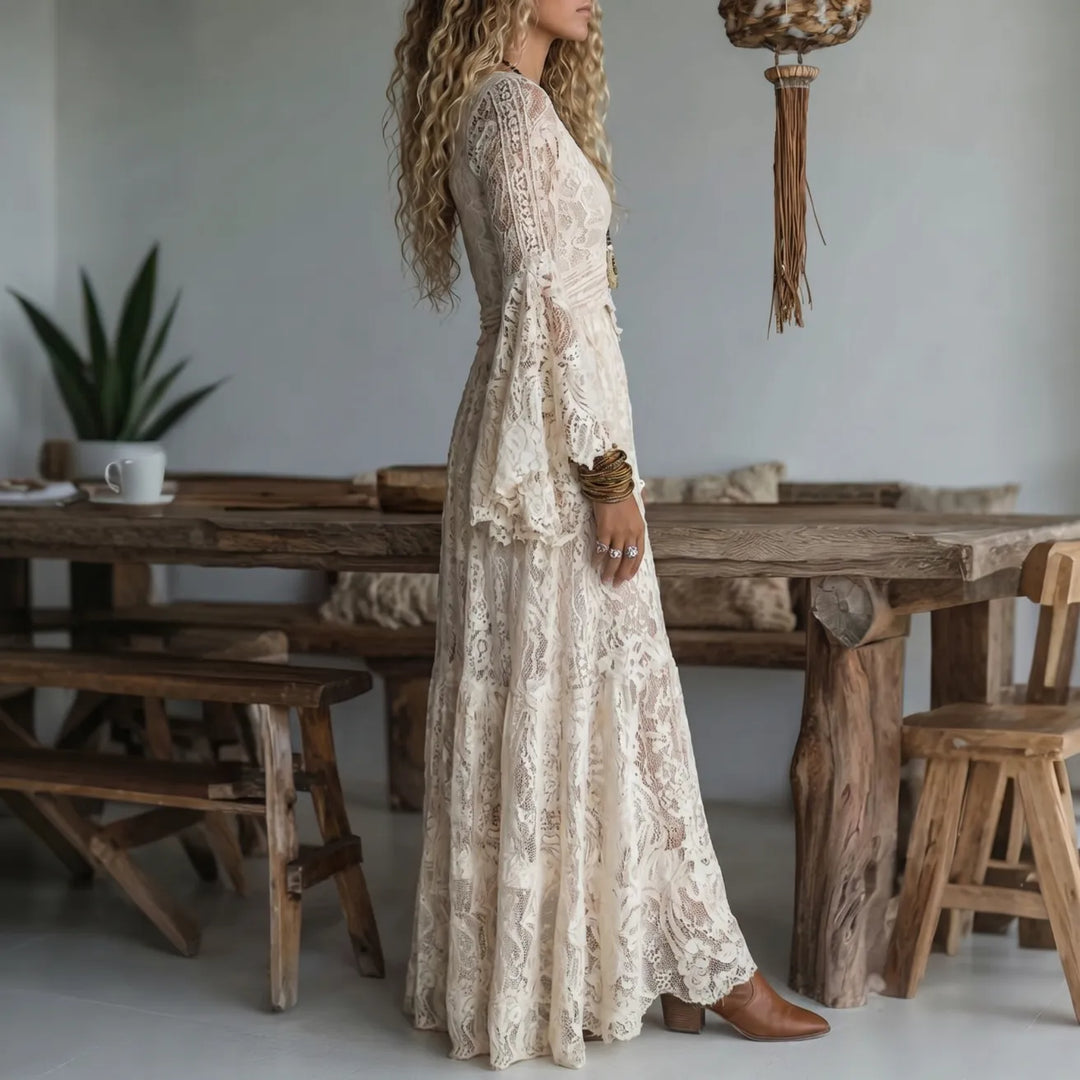 Serena – Boho Lace Maxi Dress with Bell Sleeves