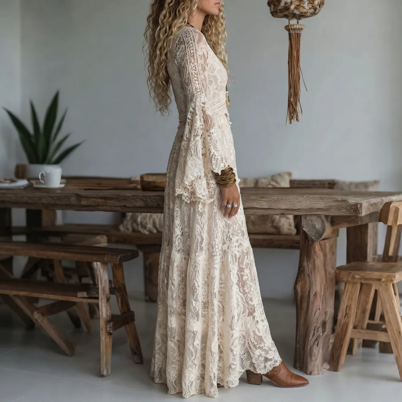 Serena – Boho Lace Maxi Dress with Bell Sleeves