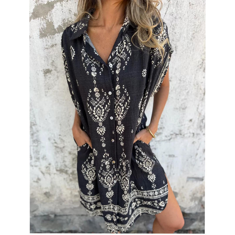 Savannah – Boho Print Button-Down Shirt Dress