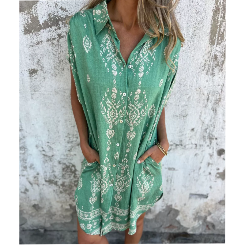 Savannah – Boho Print Button-Down Shirt Dress
