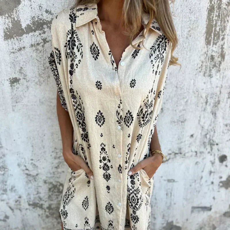 Savannah – Boho Print Button-Down Shirt Dress