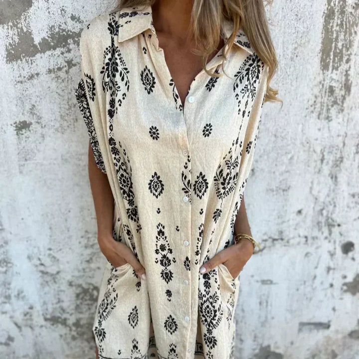 Savannah – Boho Print Button-Down Shirt Dress